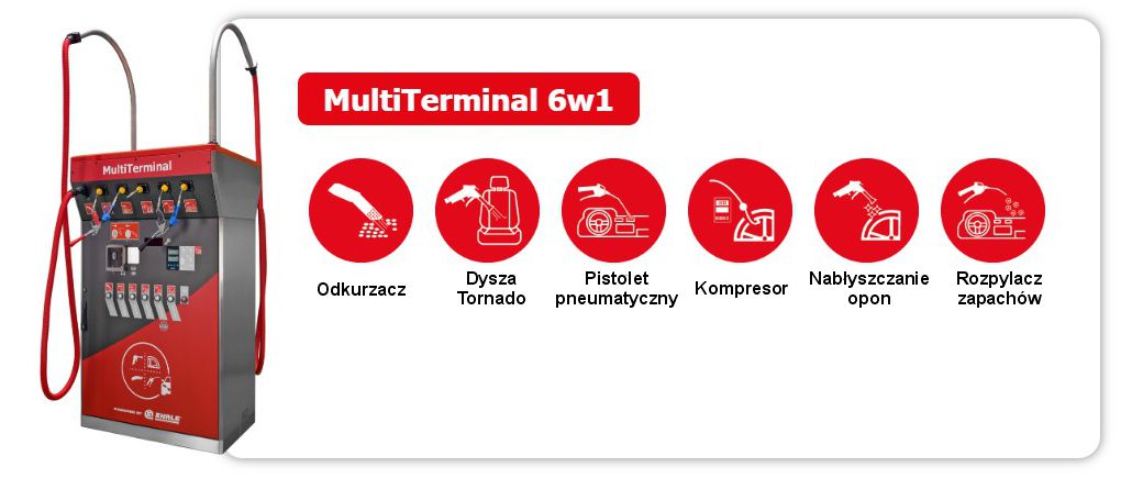 MultiTerminal EHRLE umożliwia klientom komfortowe i dokładne czyszczenie i pielęgnację wnętrza pojazdów oraz daje możliwość uzupełnienia powietrza w kołach.